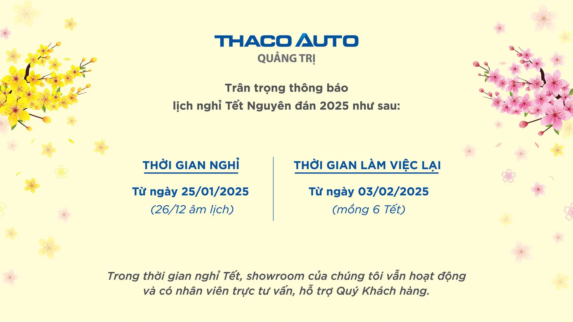Thông báo lịch nghỉ tết nguyên đán của THACO AUTO Quảng Trị